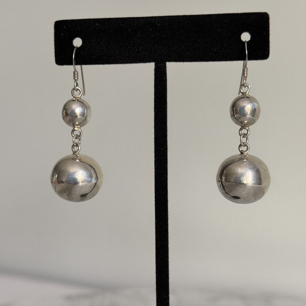 Sterling Silver 925 Double Ball Drop Earrings Modern Minimalist Dangle